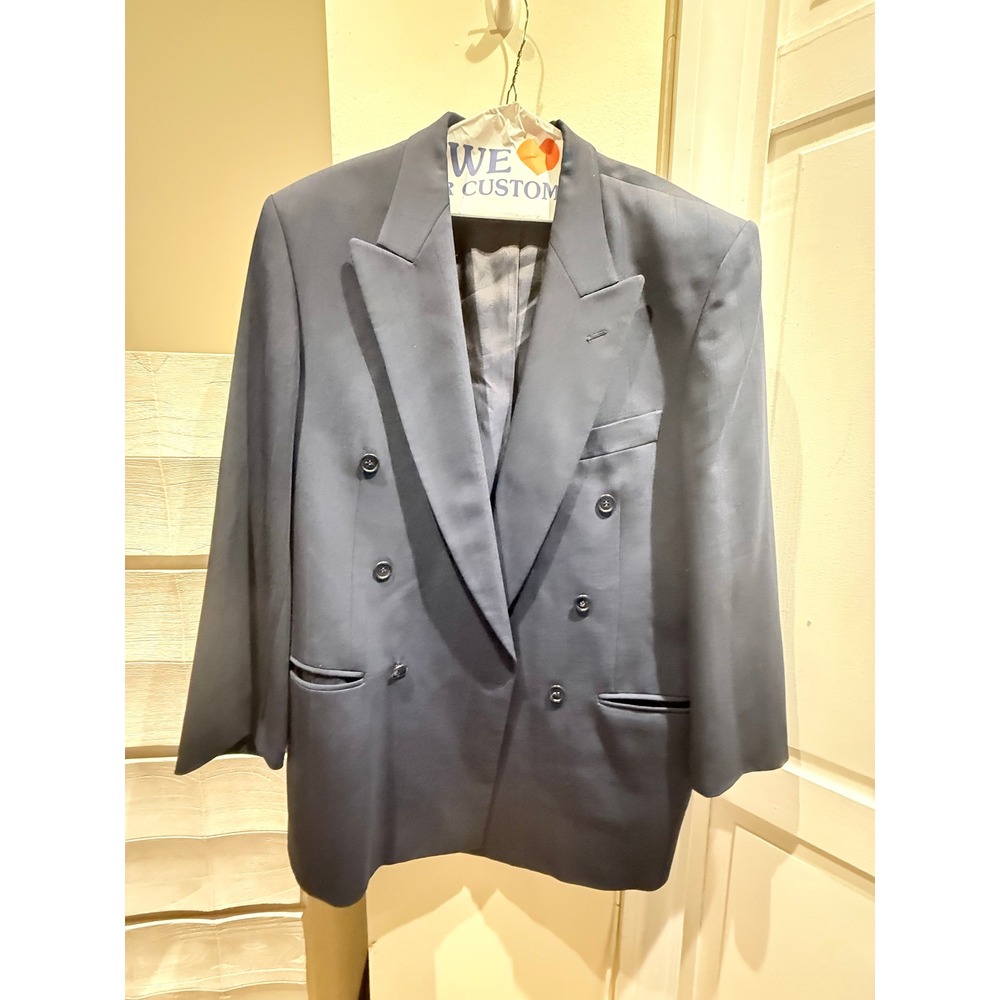 Lebole Italy Mens Navy Blue Pinstripe Double Breasted Peak Lapel Blazer Jacket